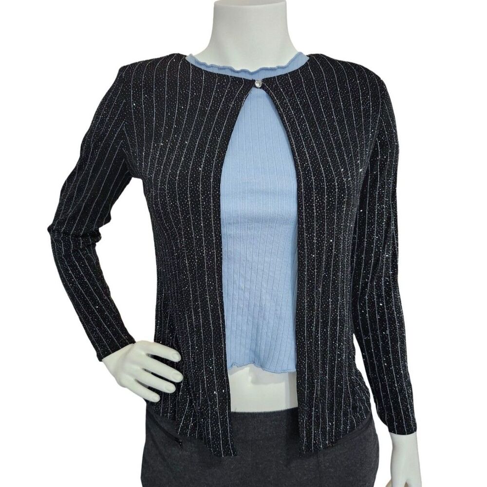 Onyx Nite Black Shrug Cardigan Glitter Pinstripe Rhinestone Button Vintage Y2K